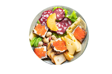 snack plate antipasto caviar, sausage, meat, cheese, nuts, peach, fruit, toast bread appetizers meal snack antipasti on the table copy space food background