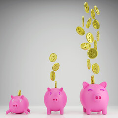 3 D rendered illustration of 3 piggy banks in pink with gold dollar coins. Saving, business and finance concept.