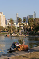 Homeless encampment along the water in MacArthur Park in Los Angeles