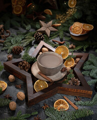 christmas background with hot chocolate