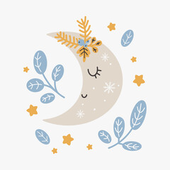 Cute christmas moon. Vector print in scandinavian style. Hand drawn vector illustration for posters, cards, t-shirts.