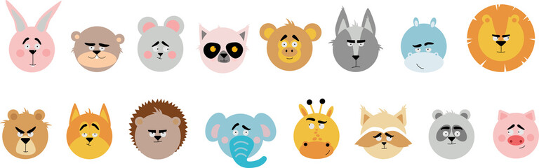 Emotional animals. Cartoon cute animals for children's cards and invitations. Vector illustration. Lion, elephant, rabbit, bear, wolf, panda, tiger, cat, fox, monkey.