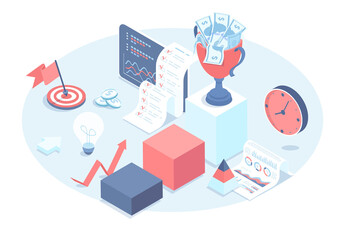 Business growth, increase revenue. Successful business strategy. Finance work and management. Vector illustration in 3d design. Isometric web banner.