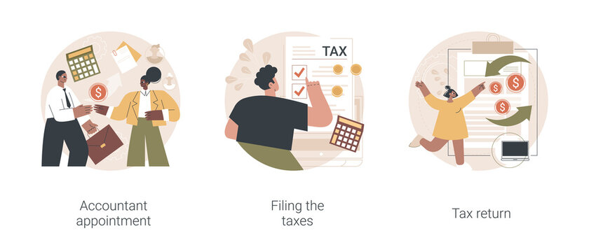 Tax Agent Service Abstract Concept Vector Illustration Set. Accountant Appointment, Filing The Taxes, Money Refund, Income Statement And Financial Audit, E-file Online Software Abstract Metaphor.