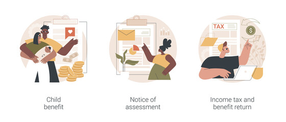 Income year abstract concept vector illustration set. Child benefit, notice of assessment, income tax and benefit return, dependent care costs, gather paperwork, social wealth abstract metaphor.