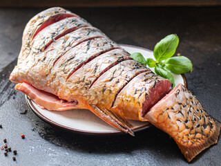 carp raw fish white fresh headless freshwater fish seafood meal snack on the table copy space food background rustic pescetarian diet