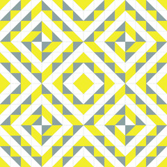 Modern patroon bestaande uit een driehoek van drie kleuren. Naadloze patronen voor trendy stoffen, decoratieve kussens, inpakpapier, interieur. Trendkleuren grijs en geel 2021. Vector.