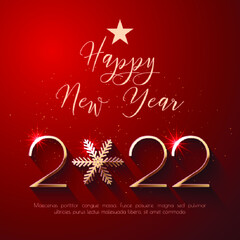 Happy New Year 2022 text design. Red vector greeting illustration with golden numbers and snowflake - 458102601