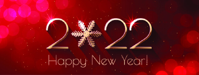 Happy New Year 2022 text design. Red vector greeting illustration with golden numbers and snowflake - 458102616