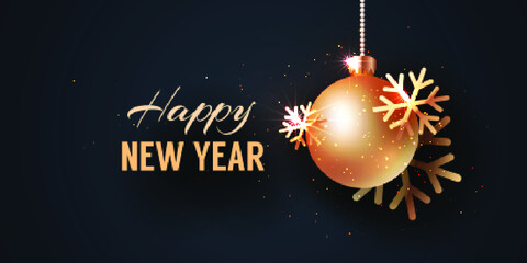 Happy New Year Background with Christmas Ball and Snowflakes. Vector holiday design for invitations, cards, web banners, etc