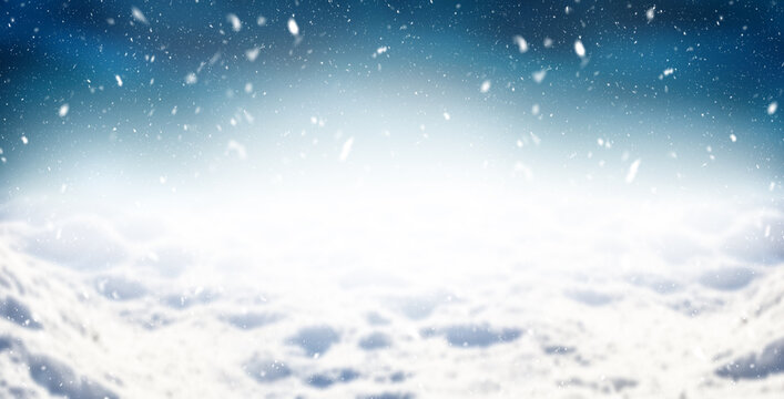 Winter abstract background, snowy landscape with blue night sky