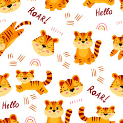 Seamless pattern with cute tiger cubs. Big tabby cat. Endangered animals. Tigers Symbol of 2022. Vector illustration isolated on white background