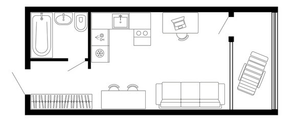 Apartment floor plan. Vector architecture micro studio plan of condominium, flat, house. Interior design elements kitchen, bedroom, bathroom furniture. 2D micro studio apartment floor plan.