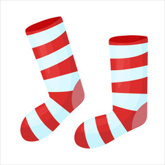 Striped wool socks. Santa Claus clothes. Bright suit. Christmas decor in cartoon style. Vector illustration isolated on white background.