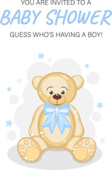 Baby shower invitation card with cute bear. For boys