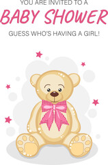 Baby shower invitation card with cute bear. For girls