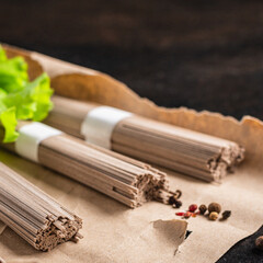soba buckwheat raw noodles ready to cook meal snack on the table copy space food background 