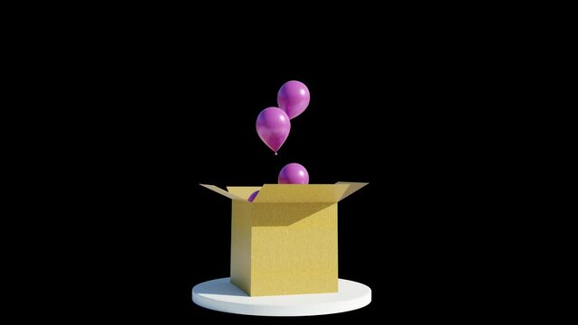 3D animation of glossy pink balloons flying out of the box into the sky. It's a girl baby shower concept.