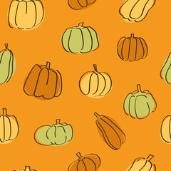 Vector seamless Halloween pattern with abstract pumpkins on orange background nice Thanksgiving decoration