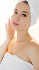 Facial treatment. Sensual woman. Morning beauty care. Smiling lady covering in towel tenderly touching face isolated white.
