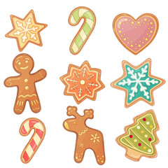 Fototapeta na wymiar Set of Christmas gingerbread cookies. Vector stock illustration in flat style isolated on white background.