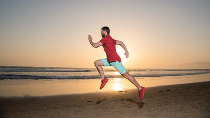 hurry up. endurance and stamina. sprinter. sport athlete run fast to win in sea sunset.
