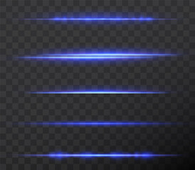 collection of horizontal light dividers blue flares. horizontal dynamic light blue lines. neon laser on a checkered dark background. Collection effect light blue line png.