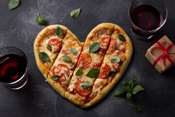 Homemade delicious margarita pizza with tomatoes in the shape of a heart on black textured background for Valentine's Day