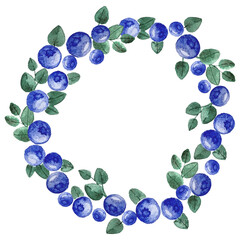 Hand drawn watercolor round frame with blueberry and leaves. Templare for postcards, background and packaging design.