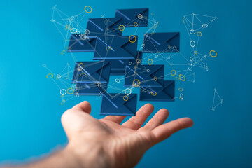 touching 3D rendering flying email icon with his fin