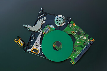 Disassembled hdd drive parts on dark background.  2.5 inch hard disk drive, hdd, top view.