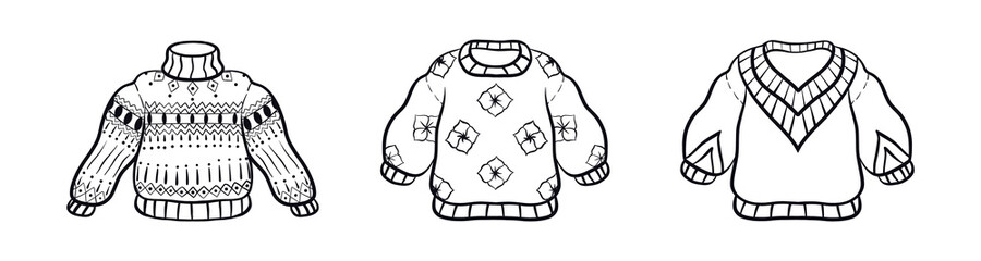 Vector ugly sweaters set for Christmas party in doodle. Warm knitted jumpers with winter ornament. Isolated white and black illustration. 