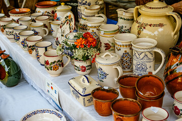 Traditional Romanian handmade ceramics market at the potters fair from Sibiu, Romania