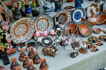 Traditional Romanian handmade ceramics market at the potters fair from Sibiu, Romania