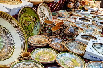 Traditional Romanian handmade ceramics market at the potters fair from Sibiu, Romania