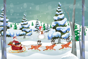 Merry Christmas winter greeting card Santa callus with snowman