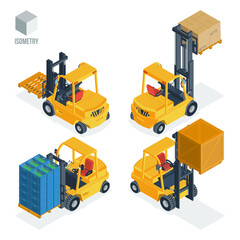 Forklifts with loads. Isometric vector illustration in flat style on white background. © AlGol