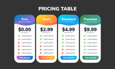Creative modern price comparison table for four products or services with icons and description.