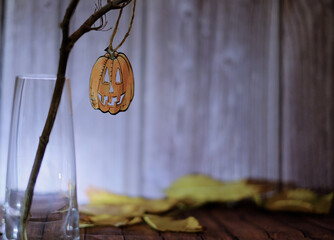 Halloween cozy mood composition. Hygge halloween home decor. 