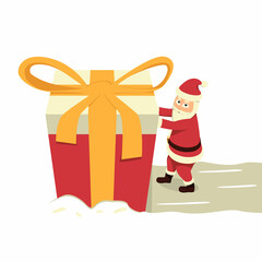 Santa wants to give a big gift. Santa Claus is pushing a giant gift in the snow.