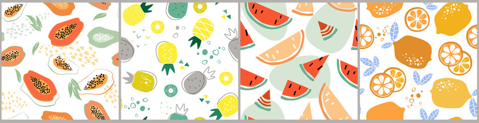 Set of abstract contemporary seamless pattern with citrus fruits, vitamins. Healthy vegan food. Lemons, papaya, slices, watermelon, pineapple. Simple shapes, leaves. Vector graphics.