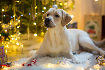 cute labrador in christmas decor
