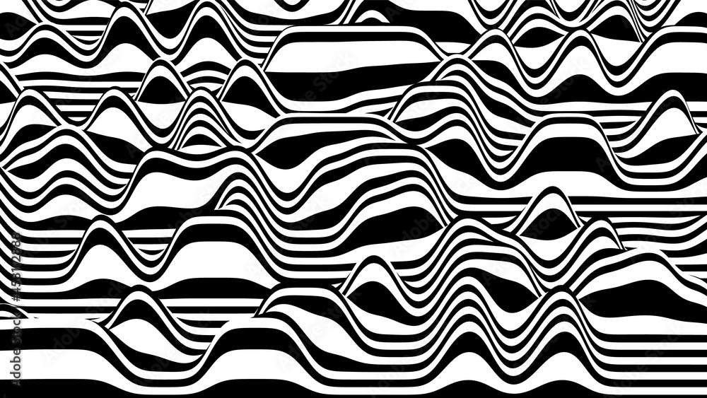 Aufkleber trendy 3d zebra black and white stripes distorted backdrop. procedural ripple background with optica