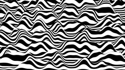 Trendy 3D black and white stripes distorted backdrop. Procedural ripple background with optical illusion effect