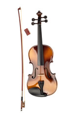 Fototapeta na wymiar Top view of a violin, bow and rosin on a white background.