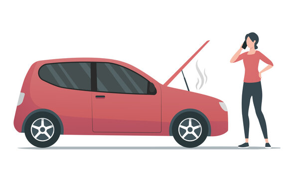 Car breakdown concept. Woman near broken car call for help. Colored flat illustration. Isolated on white background.