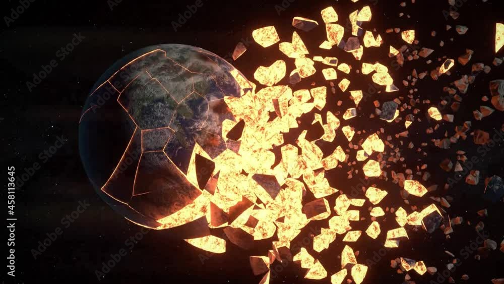 Poster collision of planet earth and moon. splitting the planets into small pieces. disaster concept. 3d an