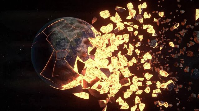 Collision of planet earth and moon. Splitting the planets into small pieces. Disaster concept. 3d animation