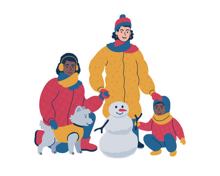 Family Time Together Outside During Winter. Isolated Vector Illustration.