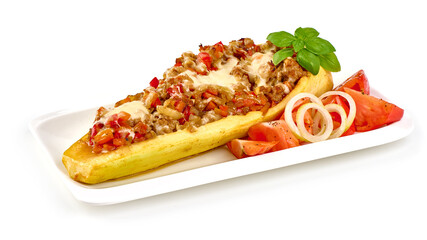 Zucchini halves stuffed with minced meat and vegetable, isolated on white background.